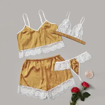 

2020 4 Pcs Women Sexy Temptation Lace Pajamas Set V-collar Lace Pijamas Set Summer Women's Sleepwear Sexy Cute Dropshipping