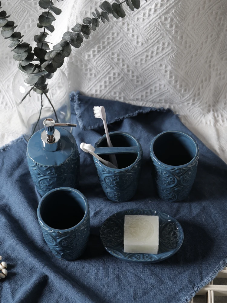 Vintage mavi seramik banyo seti tuvalet yıkama seti sabunluk kiti/diş  fırçası tutucu/seramik sabunluklar - AliExpress