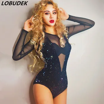 

Sexy Women Stage Wear Shiny Purple Black Sequins Deep V Neck See Through Mesh Sleeve Bodysuit Bar Nightclub DJ Dancer DS Costume