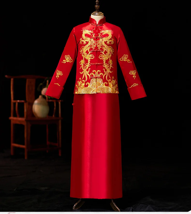 Мужской красный cheongsam тост костюмы жениха платье куртка длинное платье Традиционный китайский стиль свадебное Qipao для мужчин вышивка Тан костюм