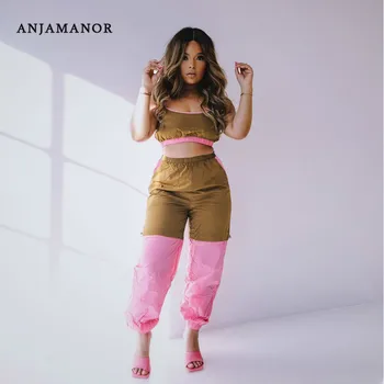 

ANJAMANOR Color Block Crop Top Pants 2 Piece Sets Womens Fashion Outfits Summer 2020 Sport Clothes Sexy Tracksuit D27-AE29
