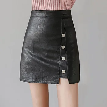 

Autumn Winter New High Waist Stretchy College Skirt Solid Color A-line Miniskirt Fashion Sexy Women's Black PU Leather Skirts