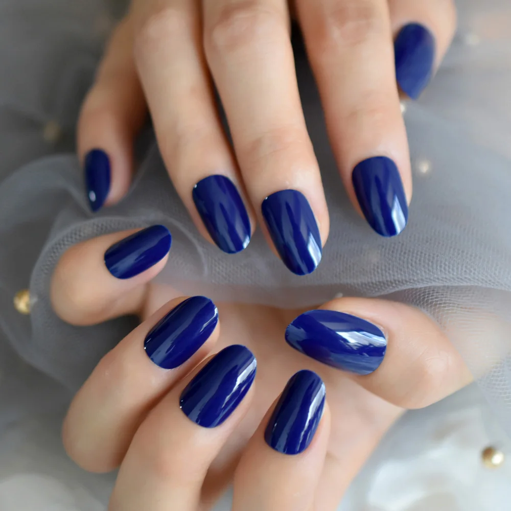 Короткие круглые накладные ногти, темно-синий блестящий УФ-гель, чистый цвет, классические кончики для ногтей, акриловый пресс для ногтей - Цвет: L5202
