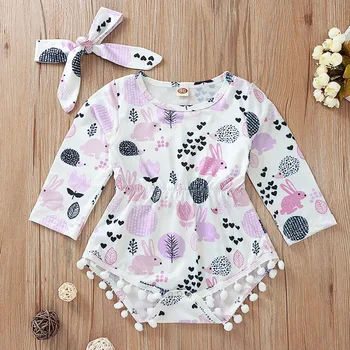 

Baby Girl Floral Headband Infant Tassel Romper Cute Rabbit Print Long Sleeve Newborn Onesie Baby Girl Fall Clothes