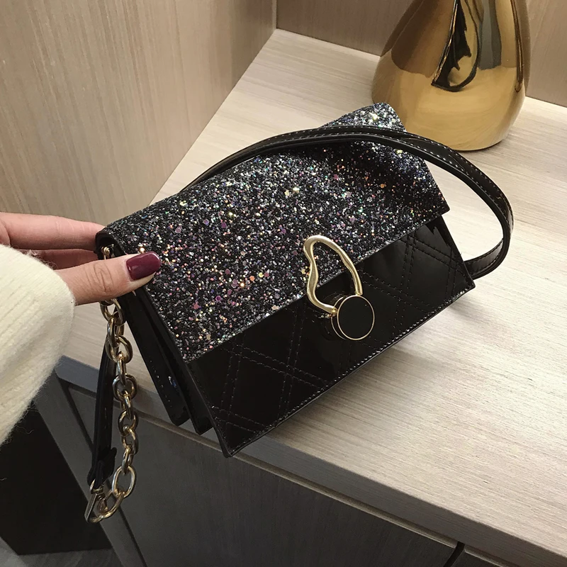

Sequins Square Crossbody Bag 2020 Fashion New High Quality Patent Leather Women's Designer Handbag Chain Shoulder Messenger Bag