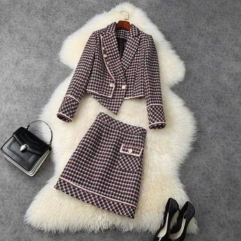 

2020 autumn winter women designer notched collar plaid woolen short jacket + a-line mini sexy skirt suit brand two piece outfits