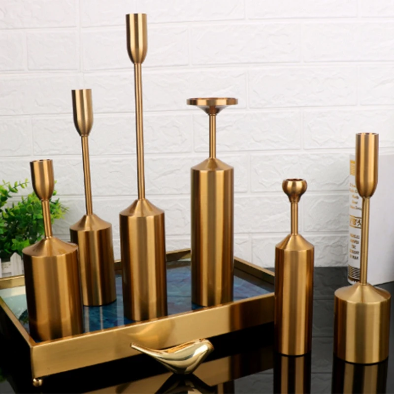 HOT 6Pcs European Gold Candle Holders Metal Pillar Candlestick Wedding Luxury Table Romantic Decorations New Year Party Decorati