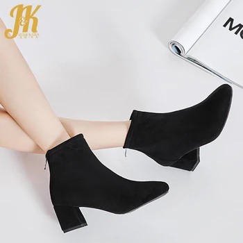 

JK High Heels Ankle Boots Women Stretch Flock Booties Ladies Zip Shoes Female Square Toe Shoes Female Shoes Winter 2020 New