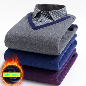 

New Plus Size 6XL 7XL 8XL Winter Shirts Men Add Wool Thick Knitting Shirt Men Fake Two Piece Long Sleeved Warm Shirt Male Blouse