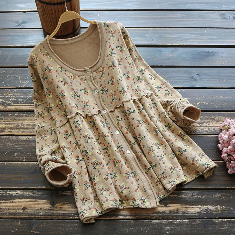 #^Special Price Women’s cardigan 2020 spring autumn vintage mori girl floral print cotton knit cardigan plus size baby-doll ruffle tops