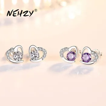 NEHZY 925 Sterling Silver Stud Earrings High Quality Woman Fashion Jewelry New Heart-shaped Amethyst Zircon Hot Sale Earrings 1