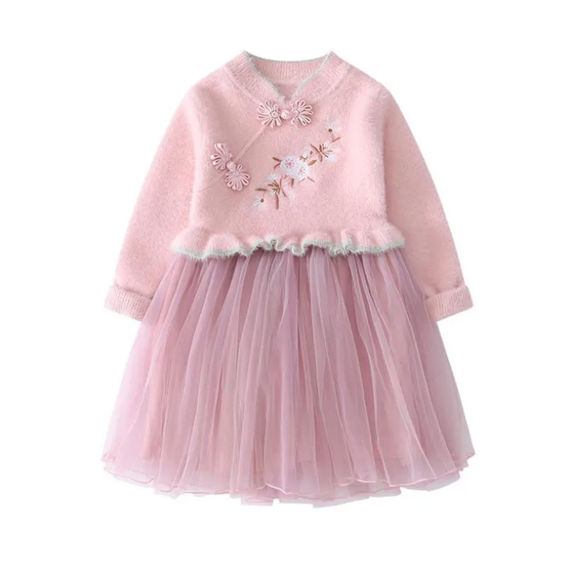 

DFXD Autumn Winter Girls Dress Fashion Plum Blossom Embroidery Knitted Mesh Patchwork Princess Dress 3-10Yrs Big Girls Clothes