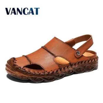 

2020 New Summer Sandals Men Genuine Leather Classic Roman Sandals Outdoor Beach Slipper Men Water Trekking Flip Flops Size 38-46
