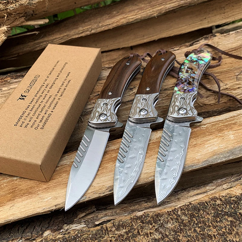 

Green Sandalwood color shell handle VG-10 Damascus steel core Folding Knife Camping Pocket Knives outdoor tools