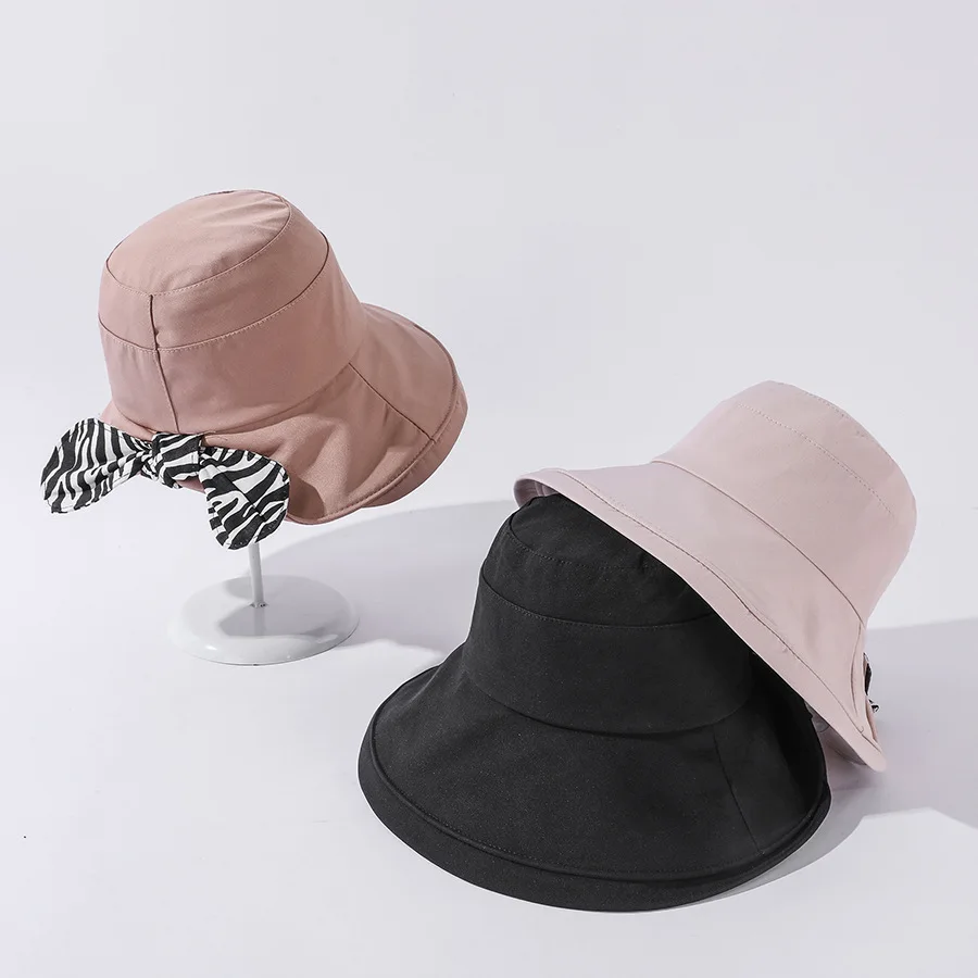 

2021 Women's Hat zebra-stripe Printed Bow Sun Hats Foldable Cotton Cap Femme Fashion Out door Sun protection Buket Hat