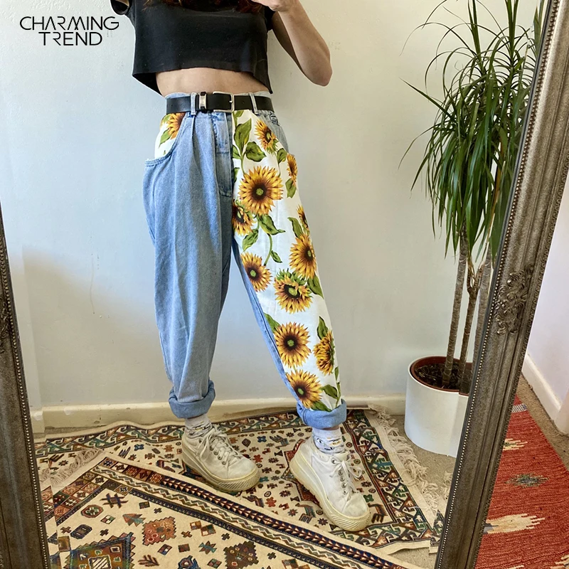 Sunflowers Printed Light Blue Jeans fit 