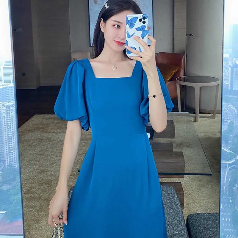 Elegant Party Ladies Dress Summer Fashion Square Collar Puff Sleeve Waist Midi Dress Women Korean Retro Chic Office Dresses 2020