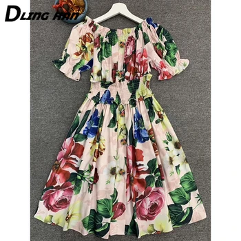 

DLINGHAN Exquisite Floral Button Dress Women fashion rose Print Off Shoulder Holiday Mini dresses Designer Summer New