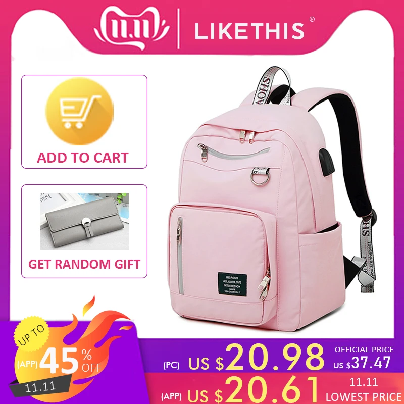 LIKETHIS, Женский Школьный рюкзак, анти вор, USB, рюкзак, новинка, модный рюкзак для ноутбука, мужской, женский, для путешествий, Mochila, сумки через плечо