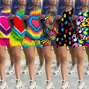 

2 Piece Set Cute Casual Sports Suit Matching Sets Women Outfit Summer 2019 Plus Size Tye Dye Printed Clothes Tracksuit Set