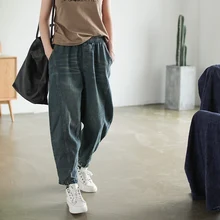 Осенние джинсы женские свободные модные повседневные джинсовые брюки женский эластичный пояс карманы потертые джинсы брюки Mori girl