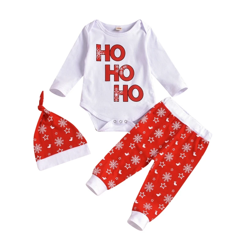 

Christmas Children Baby Girl Boy Cute Tops Romper+Snow Printed Trousers+Hat 3PCS Set Suit Toddler Soft Clothing Clothes Jumpsuit
