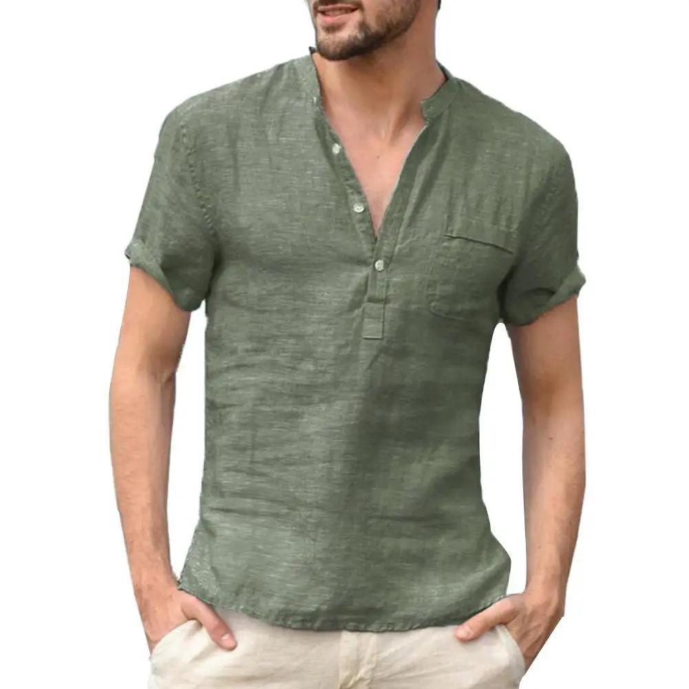Summer Men Shirts Button V Neck Patch Pocket Linen Top Short Sleeve Shirt Summer Men's Clothing футболка XXXL