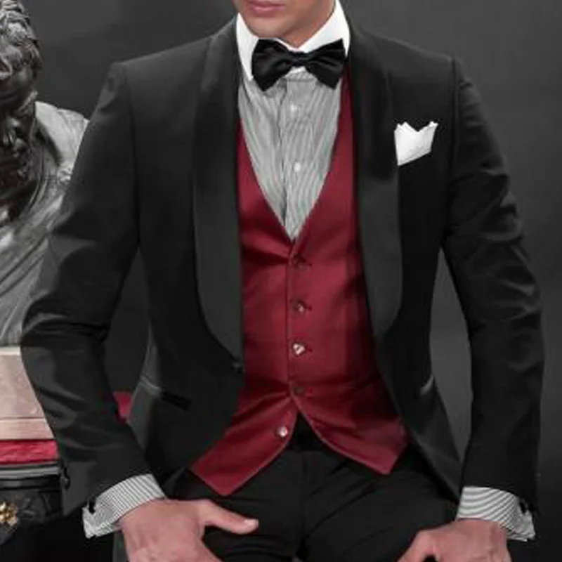 

Black and Burgundy Wedding Tuxedos for Men Stage Clothes 2020 Latest 3 Piece Shawl Lapel Custom Man Suits Set Jacket Pants Vest