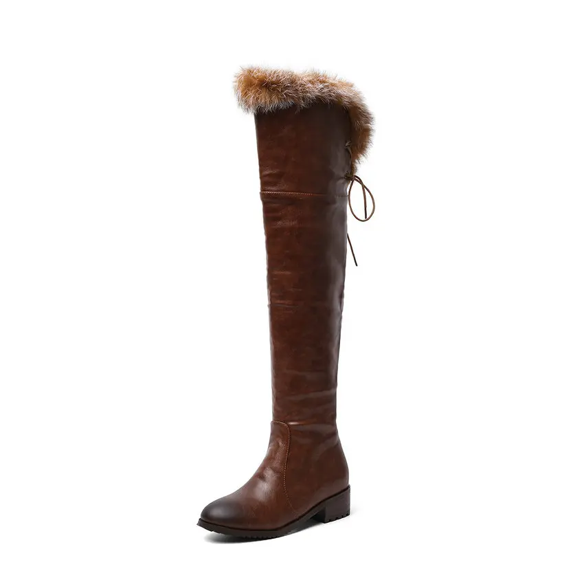 QUTAA/ г. Женская обувь из PU искусственной кожи с круглым носком на шнуровке и на молнии модные зимние сапоги выше колена на среднем каблуке с теплым мехом размеры 34-43