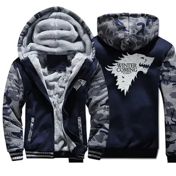 

Game Of Thrones House Stark Winter Is Coming Camo Mens Hoodies Winter Warm Sweatshirt Fashion Camo Fleece Zipper Streetwear