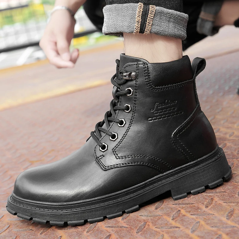 

Mens Winter Snow Boots Martins Man genuine Leather Shoe Ankle Boots Waterproof Motorcycle warm plush Casual Coturno Botas Hombre