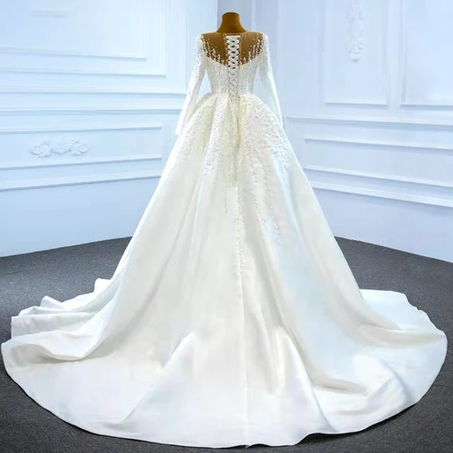 J67215 White Attractive Sexy Deep V-Neck Long Sleeves Pearls Wedding Dress 2020 Sequined Beading A-Line 2