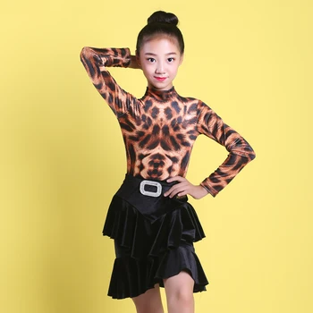 

Latin Dance Dress Child Tango Rumba Salsa Cha Cha Samba Costumes Girls Practice Wear Leopard Print Long Sleeve Leotard DNV12201