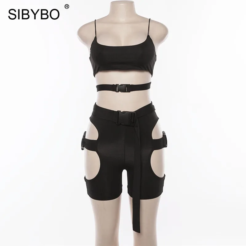Черный Sibybo выдалбливают Пряжки Тощий сексуальный комбинезон для женщин ремень без рукавов летний комплект из двух частей женский пляжный Повседневный короткий комбинезон - Цвет: Черный