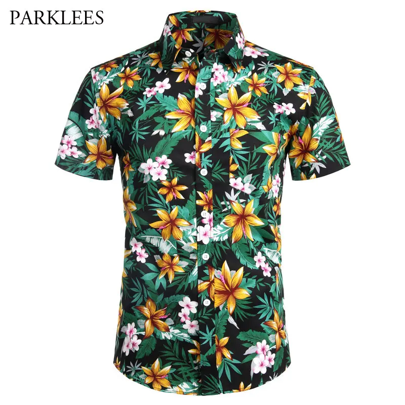 Cotton-Floral-Hawaiian-Shirt-for-Men-Summer-Short-Sleeve-Mens-Flower ...