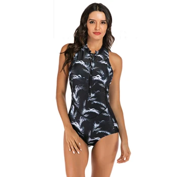 

2020 New Sexy Print Patchwork Swimwear Women One Piece Suit High Neck Swimsuit S-2XL Girl Front Zipper Belly Covered Beachwear