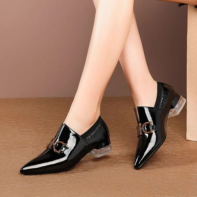 

Spring And Autumn Fashion Sexy Pointed Metallic Decoration shui jing gen WOMEN'S Shoes Semi-high Heeled Full-grain Leather Women