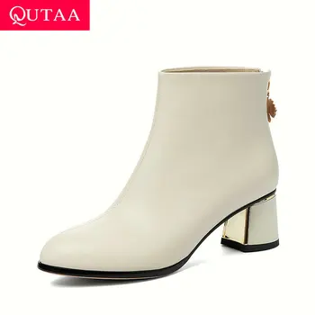 

QUTAA 2021 Flower Zipper All Match Ankle Boots Autumn Winter Pointed Toe Women Shoes PU Square High Heel Short Boots Size 34-43