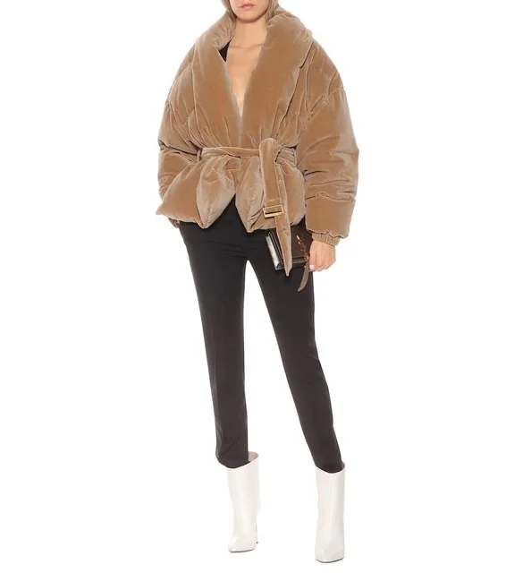 Бархатная Толстая Женская зимняя куртка новейшая подиумная роскошная дизайнерская короткая куртка с поясом винтажная парка на утином пуху женская одежда