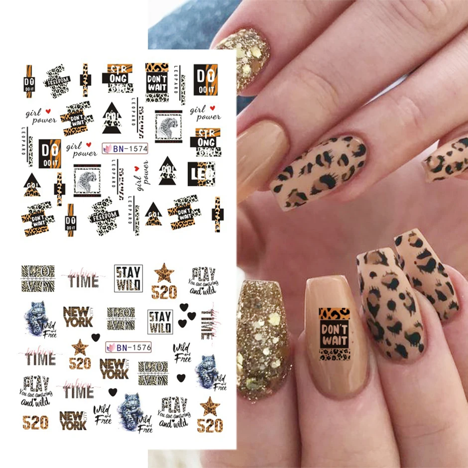 12pcs Leopard Sexy Animals Stickers for Nails Letter Designs Water Tattoo Foil Nail Art Decals Gel Polish Slider GLBN1573-1584-1