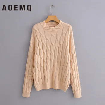 

AOEMQ Solid Sweaters Twist Irregular Pattern Wave Draped Sweater Loose Warm Cold Protection Winter Sweater Women Clothing