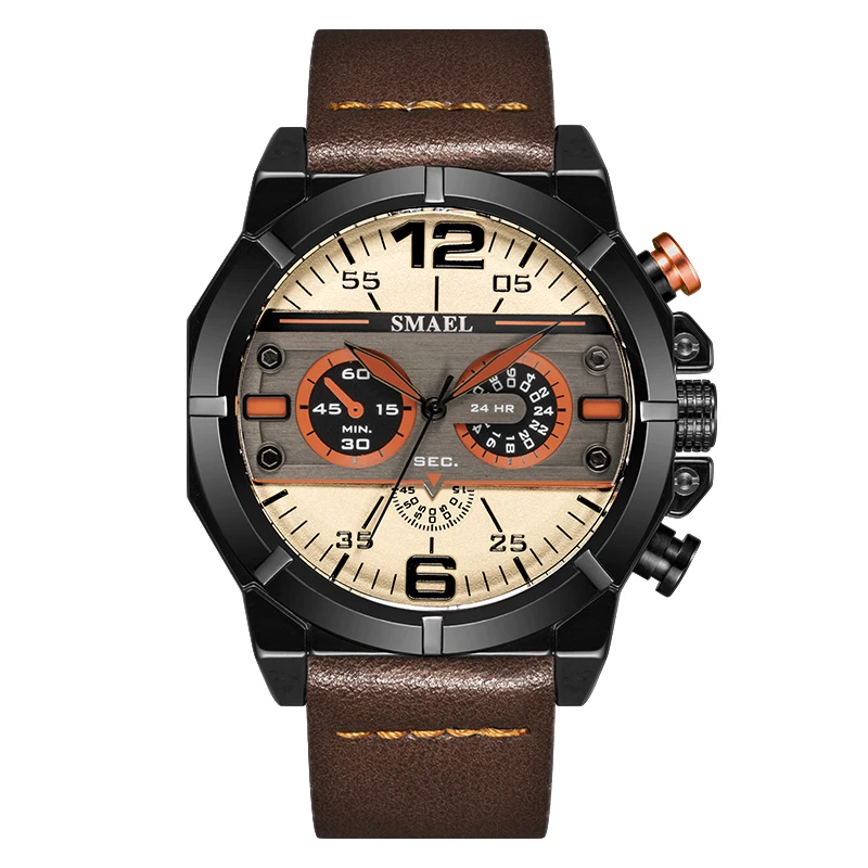 SMAEL, брендовые новые кварцевые наручные часы, мужские часы с кожаным ремешком, мужские простые часы, SL-9074, водонепроницаемые - Цвет: Brown