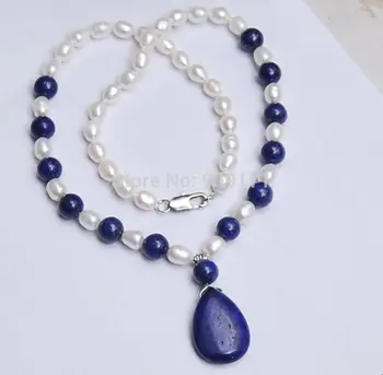 

Free Shipping>>Natural 7-8MM White Akoya Pearl / Lapis Lazuli Pendant Necklace 18" AA