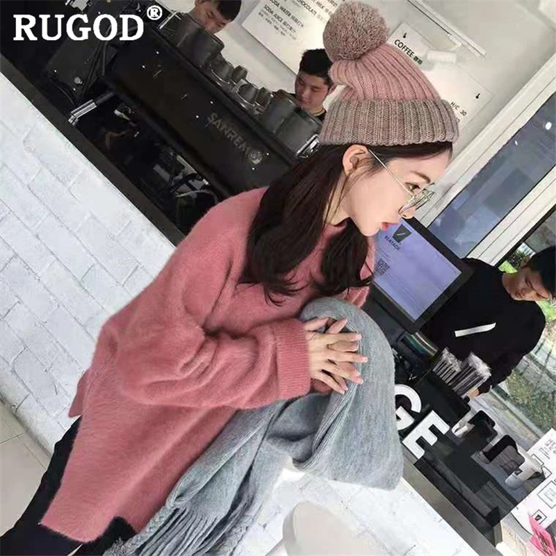 RUGOD кашемировый женский свитер, элегантный круглый вырез, длинный рукав, пуловеры, корейский стиль, ins, утолщенная вязаная верхняя одежда,, зимняя одежда