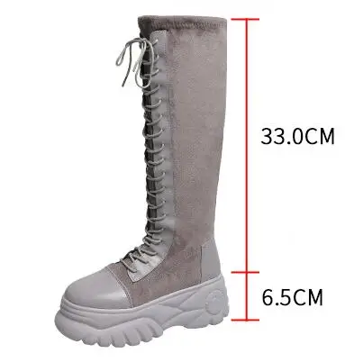 Women Platform Knee High Boots 6.5 Cm Lace-up Platform Boots Ladies New Winter Keep Warm Waterproof Women Shoes Black Gray