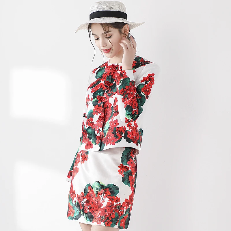 

SEQINYY Jacquard Set 2020 Spring Autumn New Fashion Design Long Sleeve Jacket + Mini Skirt Red Hydrangea Printed Suit