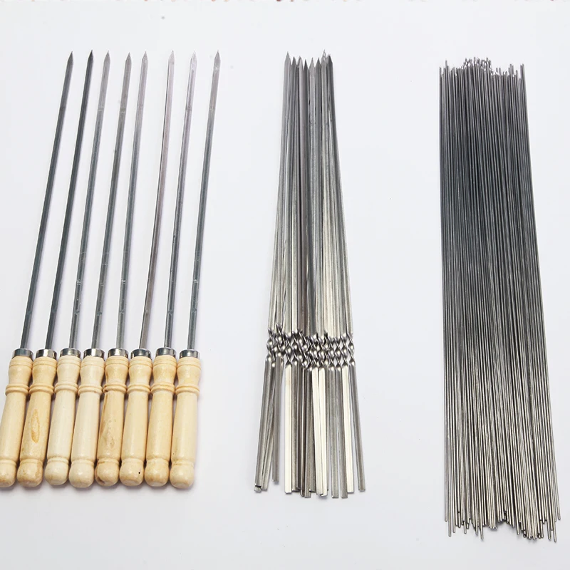 Stainless steel barbecue mutton skewer BBQ iron needle outdoor grill meat tool 50pcs flat 50pcs round 10pcs wood stick set