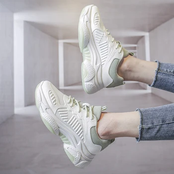 

Women Platform Sneakers INS Fashion Green Lace Up Casual Shoes Tennis Female Running Old Dad Shoes Chunky Vulcanized Shoes Woman