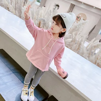 

Girl's raw edge big pocket suit 2020 autumn new Korean version of children's hooded two-piece suit