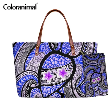 

Coloranimal Polynesian Plumeria Turtle Pattern Ladies Crossbody Bag Brand Large Shoulder Bag 2Pcs/Set Tote Handbag With Wallet